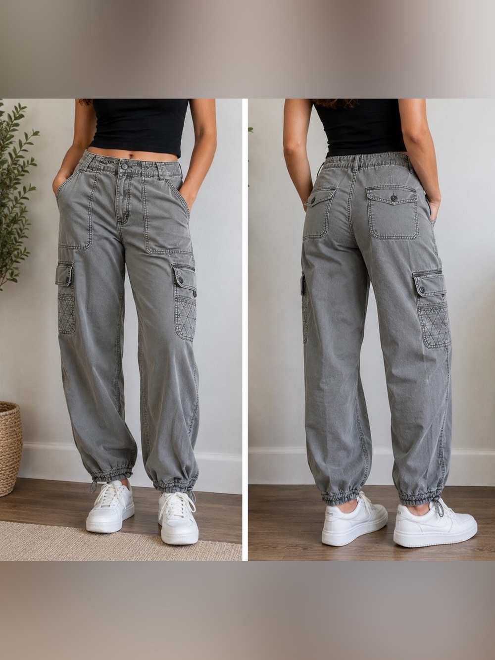 AE American Eagle Gray Baggy Cargo Jogger Pants Women's Size 12 Stretch Utility